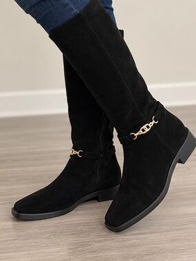 Sam Edelman Black Mid Calf Boots Size 7 Gold Horsebit Square Toe